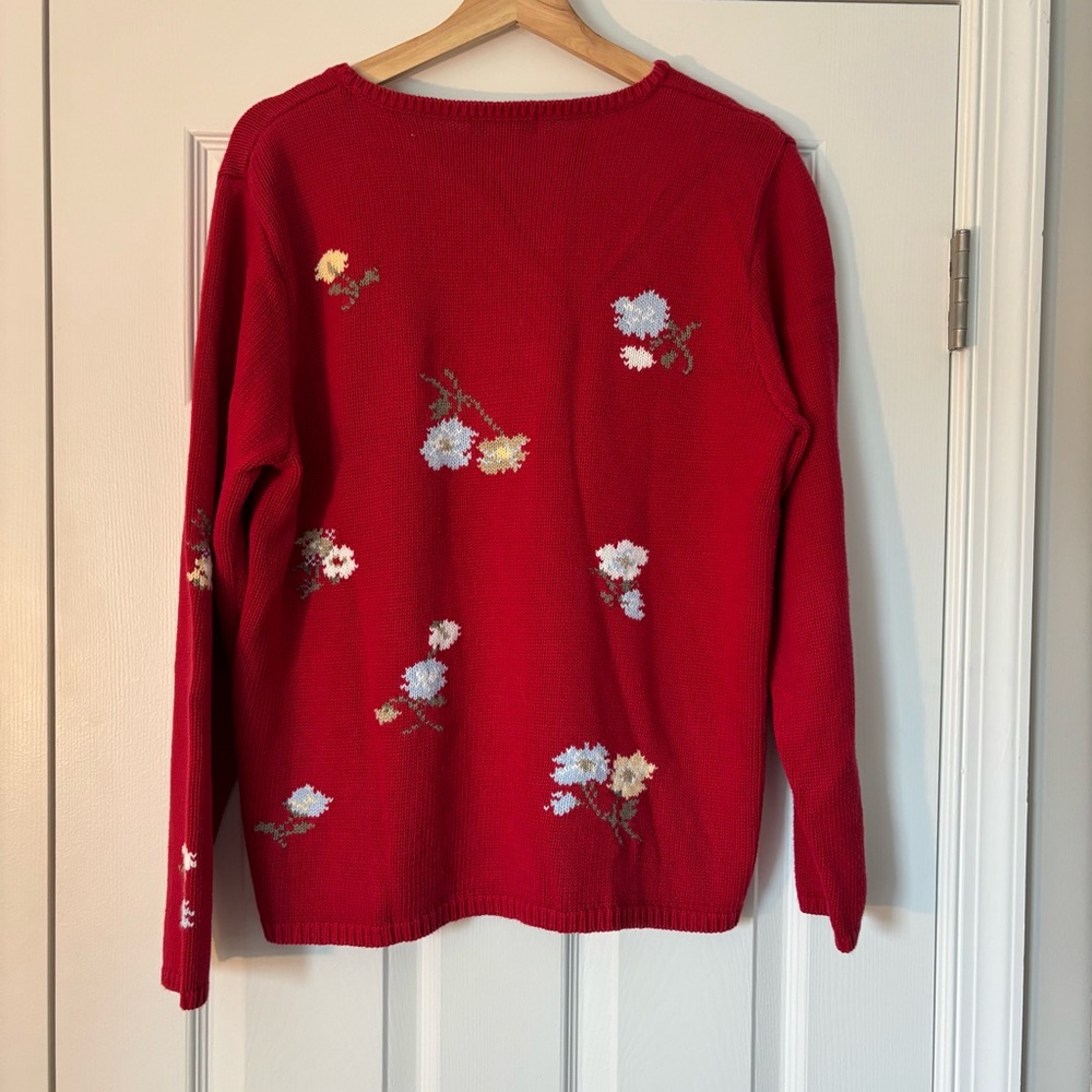 Vintage Eddie Bauer Red Floral Cotton Embroidered Sweater Preppy Granny Cottage - Picture 6 of 7